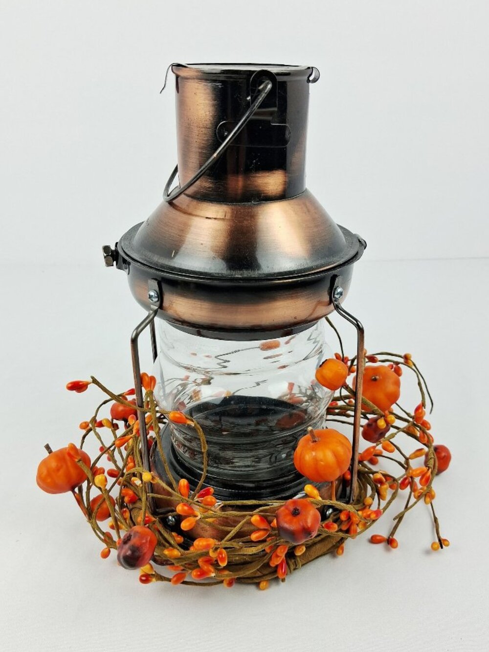 Rustic Copper Tealight Nautical Lantern w/ Glass Globe & Fall Pumpkin Berry Acce